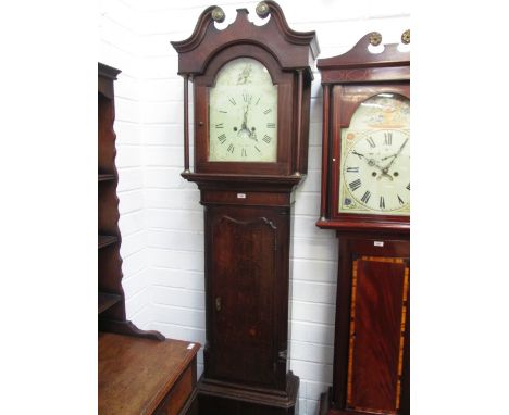 A late 18th century oak longcase clock having swan neck and pillar hood containing arch painted dial and 8 day mount by Lees 