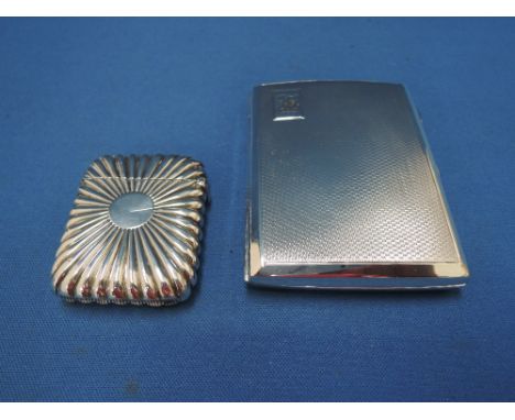 A small silver cigarette case having engine turned decoration and initials to cartouche, Birmingham 1937, M H Meyer Ltd , and
