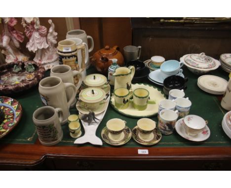 A quantity of various decorative china to include tankards; large teapot; a pair of Art Deco Burleigh ware bowls and saucers 