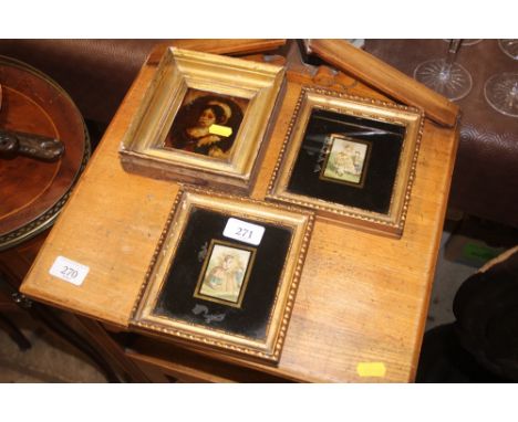 Two small framed and glazed Baxter prints; together with a gilt framed print on glass