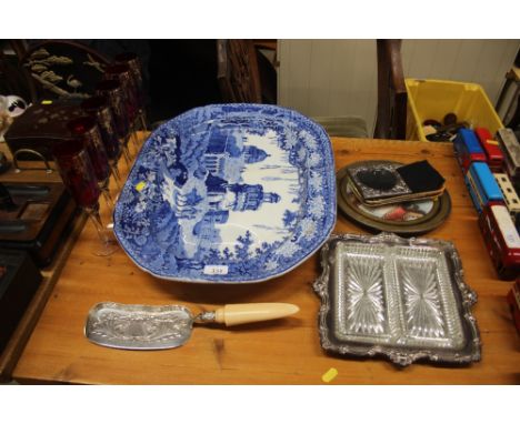 A large Victorian blue and white meat plate  AF; together with a set of six ruby glass Champagne glasses; a silver plated cru