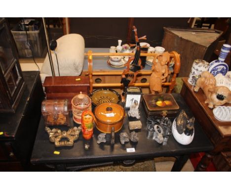 A dome topped trinket box; a mantle clock; various decorative figures etc