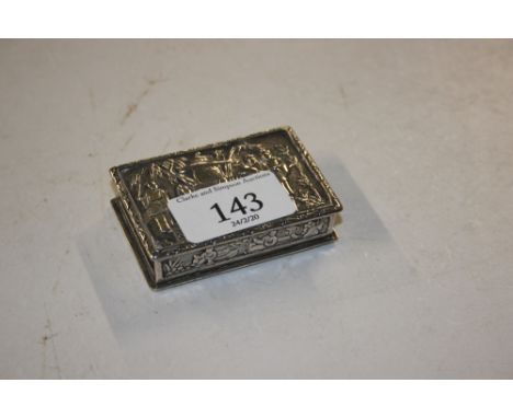 A white metal snuff box, decorated with oriental figures initialled to the interior 