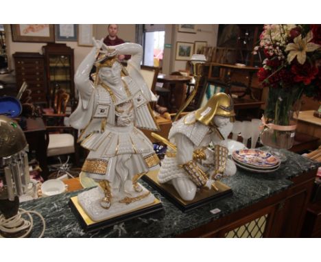 Two white glazed and gilt decorated Samurai figures, one in the form of a table lamp  AF