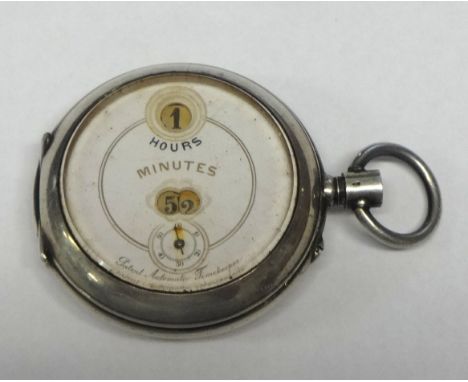 A Swiss silver jump hour keyless wound open face digital pocket watch, the white enamel dial with hour and minute apertures, 