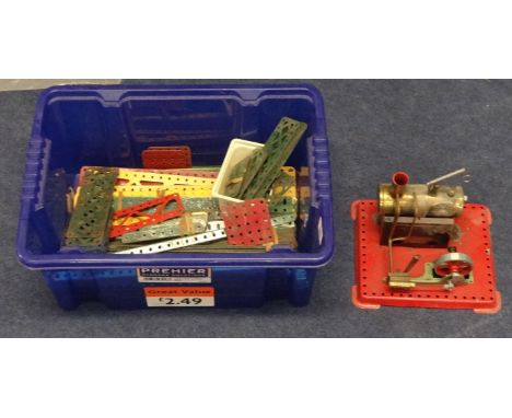 A scratch built Live Steam Meccano engine with box of various parts.