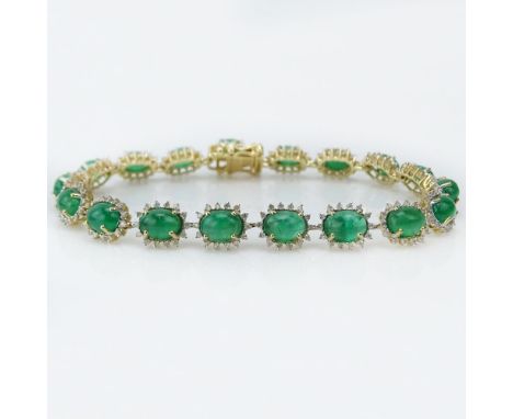 AIG Certified 16.93 Carat Oval Cabochon Cut Emerald, 1.35 Carat Round Brilliant Cut Diamond and 14 Karat Yellow Gold Bracelet