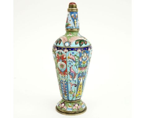 20th Century Russian 88 Silver and Cloisonne Enamel Large Scent Bottle with Carnelian topped Stopper. Stamped ?? and 88 Kokos