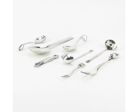 Eight (8) Georg Jensen "Acorn" Sterling Silver Serving Pieces. Includes: 
Bernadotte serving Spoon, 2 Acorn small ladles, Aco