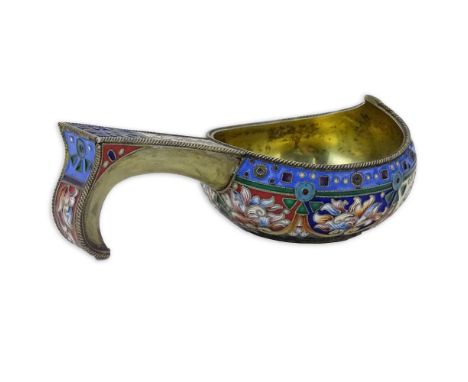 20th Century Russian 84 Silver and Cloisonne Enamel Kovsh. Stamped ?? and 84 Kokoshnik. Good condition. Measures 1-1/8" H, 3-