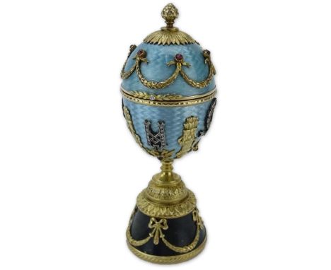 Early 20th Century Russian 88 Gilt Silver, Nephrite Jade, Guilloche Enamel Egg accented with Rose Cut Diamonds and Cabochon G