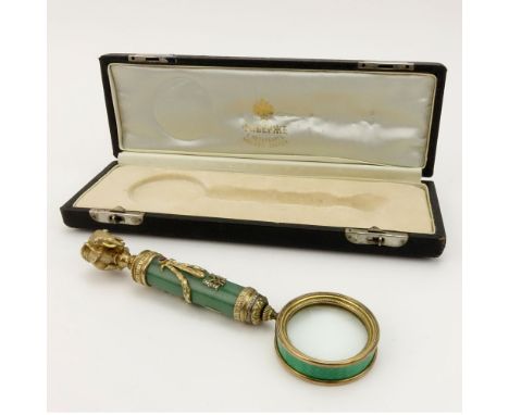 Early 20th Century Russian Gilt 88 Silver Mounted Nephrite Jade and Guilloche Enamel Magnifying Glass with Elephant Finial an