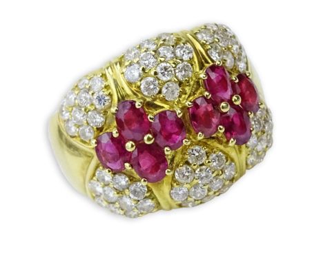 Approx. 1.63 Carat Oval Cut Ruby, 1.40 Carat Pave Set Round Brilliant Cut Diamond and 18 Karat Yellow Gold Ring. Rubies with 