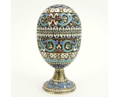 20th Century Russian 84 Silver and Cloisonne Enamel Two (2) Part Egg Cup. Signed ?? and 84 Kokoshnik. Good condition. Measure