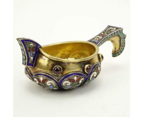 20th Century Russian 84 Silver and Cloisonne Enamel Kovsh with Cabochon Amethysts. 20A, 84 Kokoshnik. Good condition. Measure