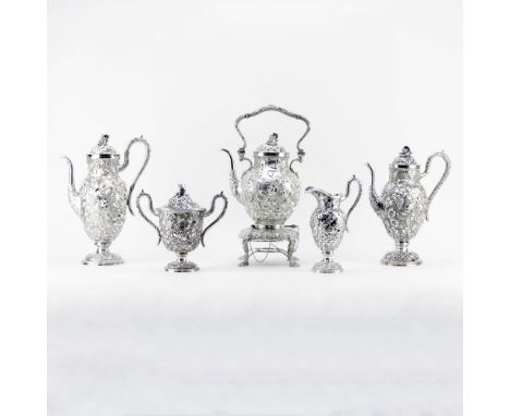 Five (5) Piece Loring Andrews Company Sterling Silver Repousse Tea & Coffee Set. Chased in repousse with bountiful floral and