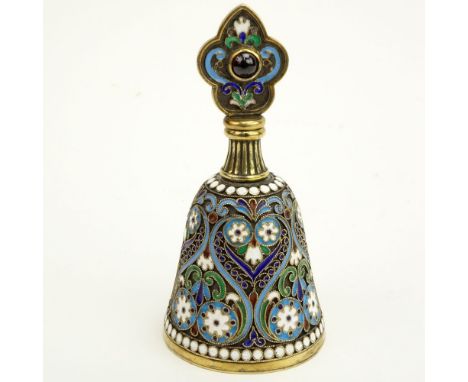 20th Century Russian 88 Silver an Cloisonne Enamel Perfume Bottle, Stopper Set with Cabochon Garnets. Stamped IIA and 88 Koko