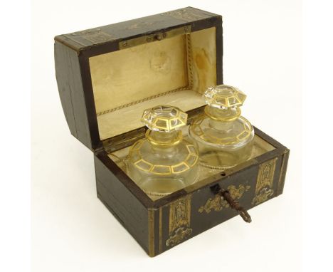 Antique Wood Inlaid Cruet Box. Inlaid with brass, mother of pearl, abalone. Two crystal cruets inside. Unsigned. Age cracks, 