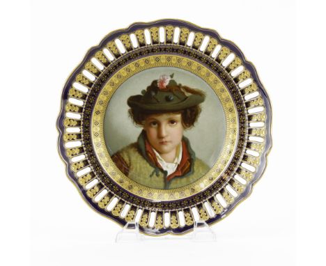 Fine 19th Century Meissen Cobalt Blue Gilt Hand Painted Reticulated Plate with Old Master Painting. Crossed swords mark. Good