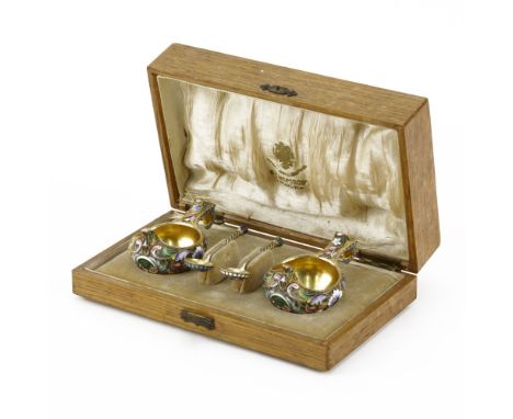 Late 19th Early 20th Century Russian Enamel Gilt Silver Kovsh Set. Original box. Marked with Russian Hallmarks and Maker MC. 