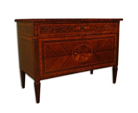 19th Century Italian Marquetry Inlaid Fruitwood Commode. Unsigned. Veneer losses, rubbing, surface wear and scratches. Measur