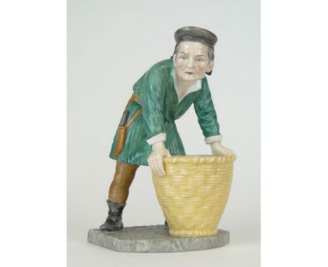 20th Century English Royal Worcester Painted Porcelain Figurine "Peasant with Basket". Signed with Impressed Mark. Good Condi