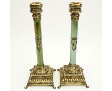 Pair of Early 20th Century Russian 84 Silver and Guilloche Enamel Candlesticks. Stamped ?. ???? and 84 Kokoshnik. Discolorati