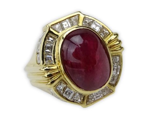 GRS Certified 10.11 Carat Oval Cabochon Cut Ruby, 5.0 Carat Square Cut Diamond and 18 Karat Yellow Gold Ring. Ruby with vivid