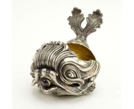 20th Century Russian 84 Silver Figural Dolphin Kovsh with Cabochon Garnet Nose. Stamped 20th Century Russian 84 Silver Figura