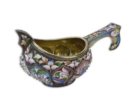 20th Century Russian 88 Silver and Cloisonne Enamel Kovsh. Stamped 6MA and 88 Kokoshnik. Good condition. Measures 2-1/2" H, 4