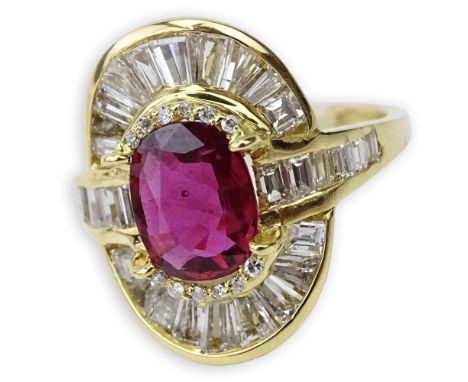 Oval Cut Ruby, Baguette, Square and Single Cut Diamond and 14 Karat Yellow Gold Ring. Ruby with vivid saturation of color, me