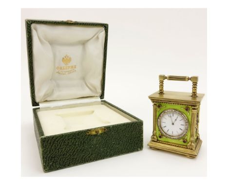 Early 20th Century Russian 88 Silver and Guilloche Enamel Miniature Carriage Clock with Rose Cut Diamond and Gem Stone accent