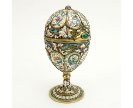 Early 20th Century Russian 84 Gilt Silver and Cloisonne Enamel Egg with Cabochon Emerald and Amethyst. Stamped MC, A-C over 1