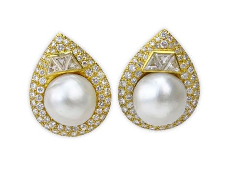 Exceptional Pair of Vintage 17mm South Sea Pearl and 18 Karat Yellow Gold Earrings accented throughout with Approx. 1.75 Cara