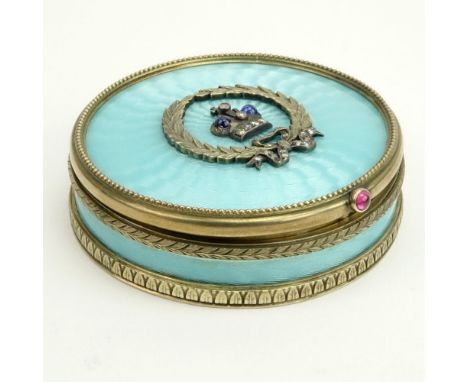 20th Century Russian 88 Silver Guilloche Enamel Snuff Box with Diamond and Sapphire Accents. Stamped Faberge, 88 Kokoshnik an