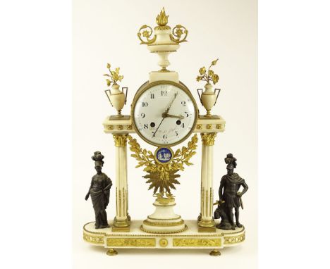 Third quarter 18th century French Gavelle L'Aine Louis XVI ormolu mounted white marble striking portico clock with white enam