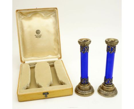 Pair of Early 20th Century Russian 88 Silver and Guilloche Enamel Candlesticks in later fitted box signed Faberge. Stamped 88