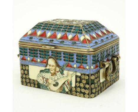 20th Century Russian Cloisonne Enamel Hinged Box. Signed Faberge, Double eagle Imperial Warrant Mark, ?? and 88 Kokoshnik. Go