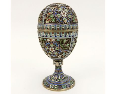 20th Century Russian 84 Silver and Cloisonne Enamel Egg. Stamped H3 and 84 Kokoshnik. Good condition. Measures 4-1/4" H, 2" W