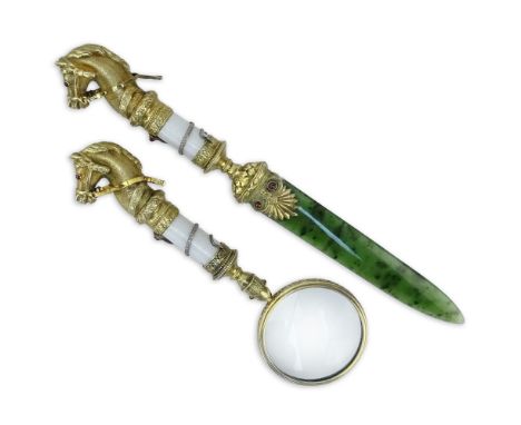 Russian Nephrite Jade, 88 Silver, and Guilloche Enamel Letter Opener together with an 88 Silver and Guilloche Enamel Magnifyi