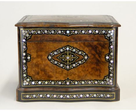 19th Century Burlwood Tantalus Box with Mother of Pearl and Brass Inlay. Unsigned. Missing Fitted Interior and Original Key. 