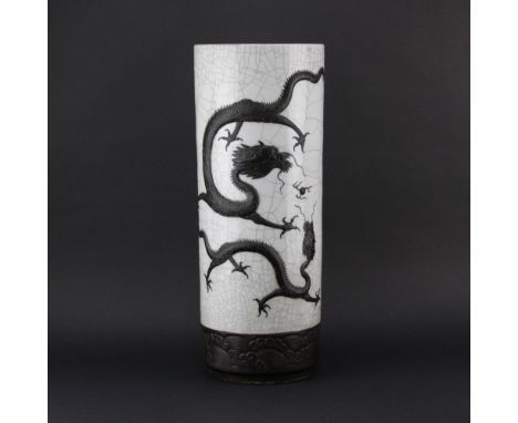19/20th Century Chinese Crackle Glaze Raised Dragon and Crane Relief Umbrella Stand. Kangxi mark to base. Good condition. Mea