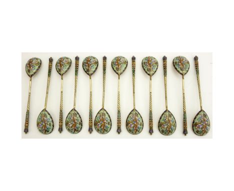 Twelve (12) Early 20th Century Russian 84 Gilt Silver and Cloisonne Enamel Spoons. Stamped ??? and 84 Kokoshnik. Good conditi