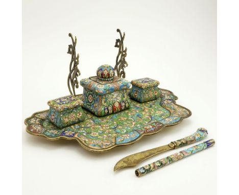 Large Early 20th Century Russian signed Feodor Ruckert Six (6) Part 88 Gilt Silver and Cloisonne Enamel Inkstand. Stamped ?? 