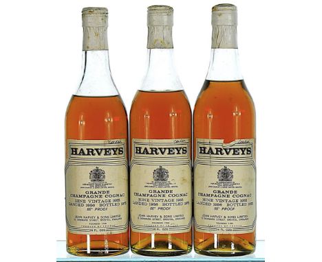 1955 Hine (Harvey's) Grande Champagne Cognac  3x70cl   Mixed levels, labels soiled, 'Landau' handwritten in pen at top edge. 