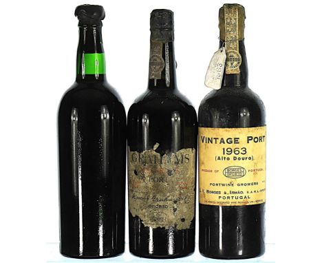 1963 Borges & Irmao, Vintage Port Label slightly stained, wax capsule damaged on top.   1x75cl  1964 Graham's, Quinta dos Mal