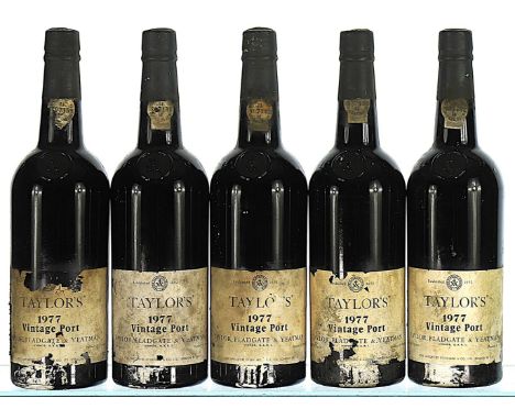 1977 Taylor's, Vintage Port  5x75cl  Labels soiled and damaged.   This lot forms part of a private collection amassed mainly 