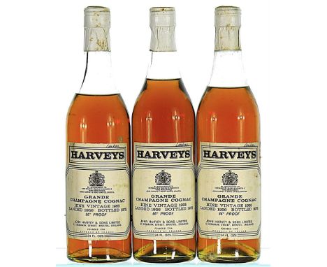 1955 Hine (Harvey's) Grande Champagne Cognac  3x70cl   Mixed levels, labels soiled, 'Landau' handwritten in pen at top edge. 