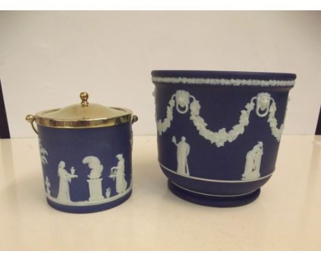 Wedgwood jasperware planter together with Wedgwood lidded biscuit barrel 