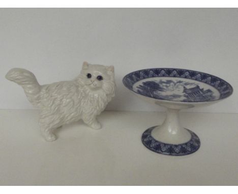 Ceramic cat and a blue and white taza